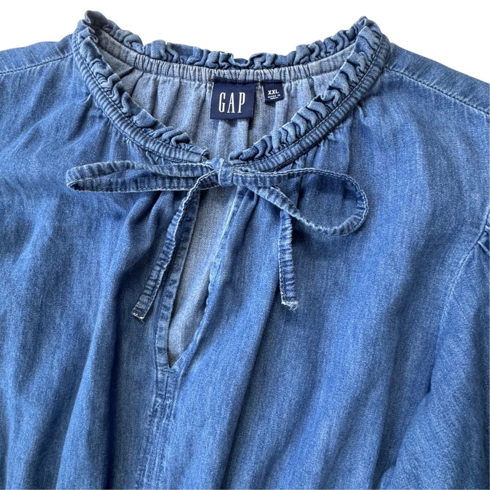 Gap Denim Dress Womens XXL Blue Cotton Ruffle Neck Tie Smocked Waist Long Sleeve - Picture 3 of 10